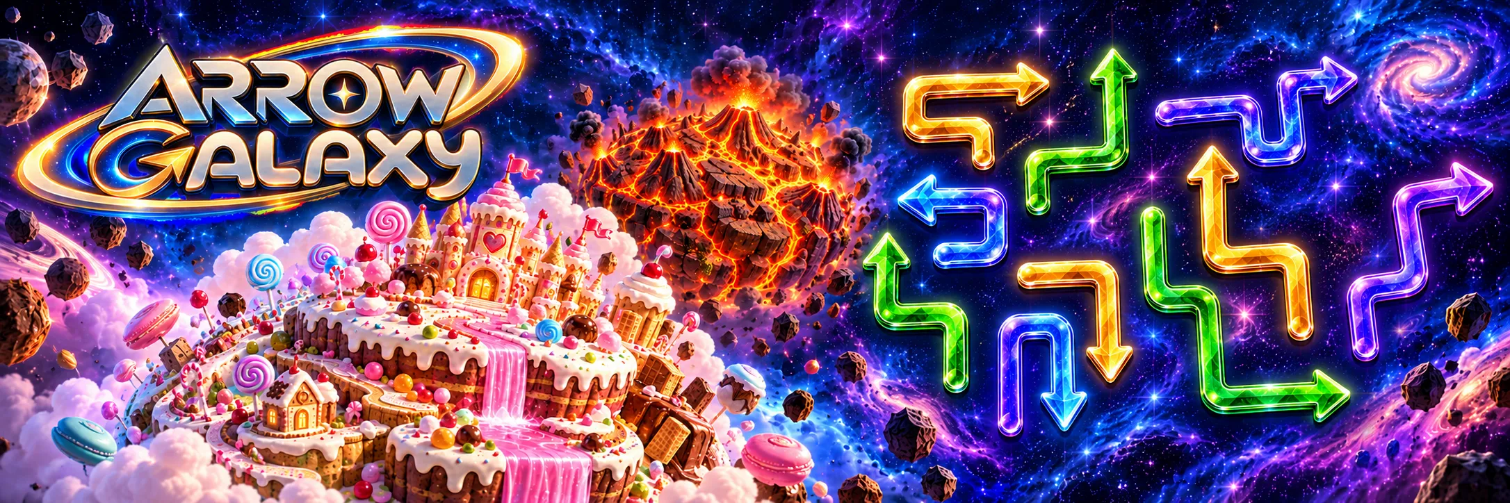 Logo do Arrow Galaxy, mundos de doces e vulcões em uma galáxia, ao lado de setas coloridas soltas, cada uma com uma única ponta.