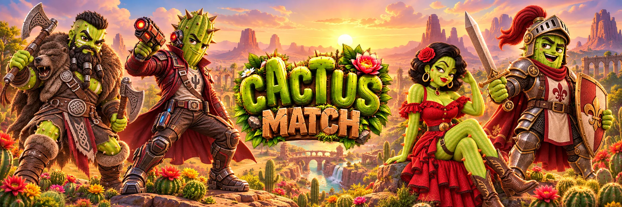 Capitão, Berserker Viking, Saloon e Cavaleiro em um vale florido ao pôr do sol, com a logo do Cactus Match no centro.