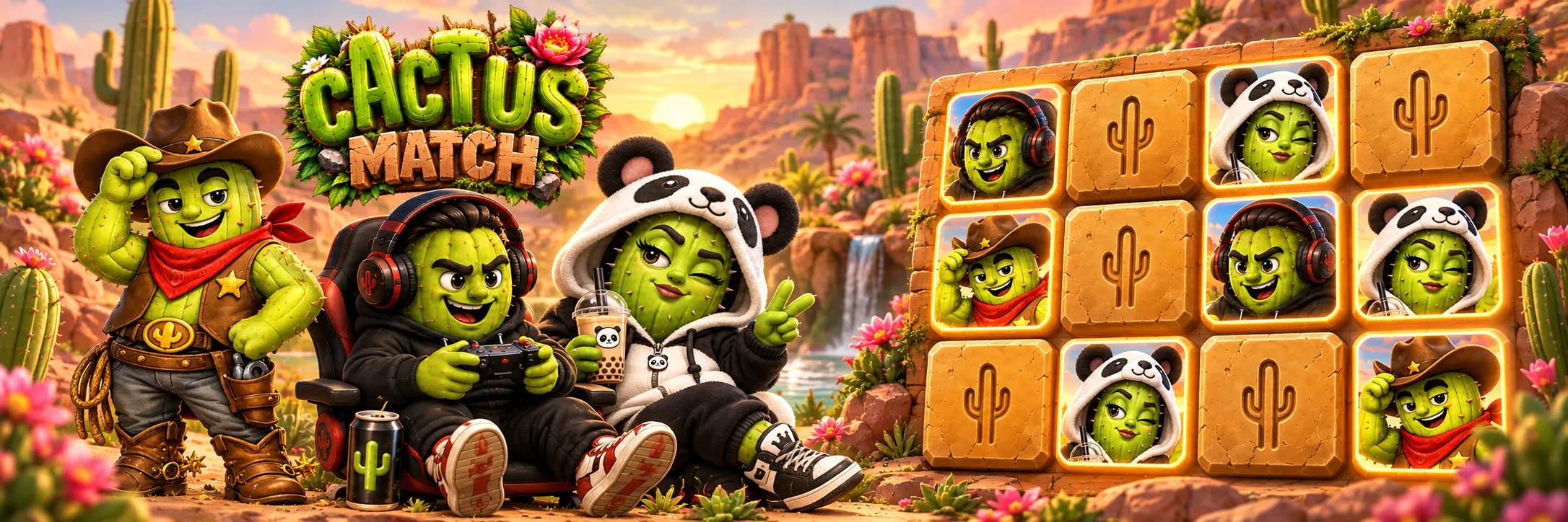 Gamer, Cowboy e Panda em um deserto florido, ao lado de cartas abertas e fechadas do Cactus Match.