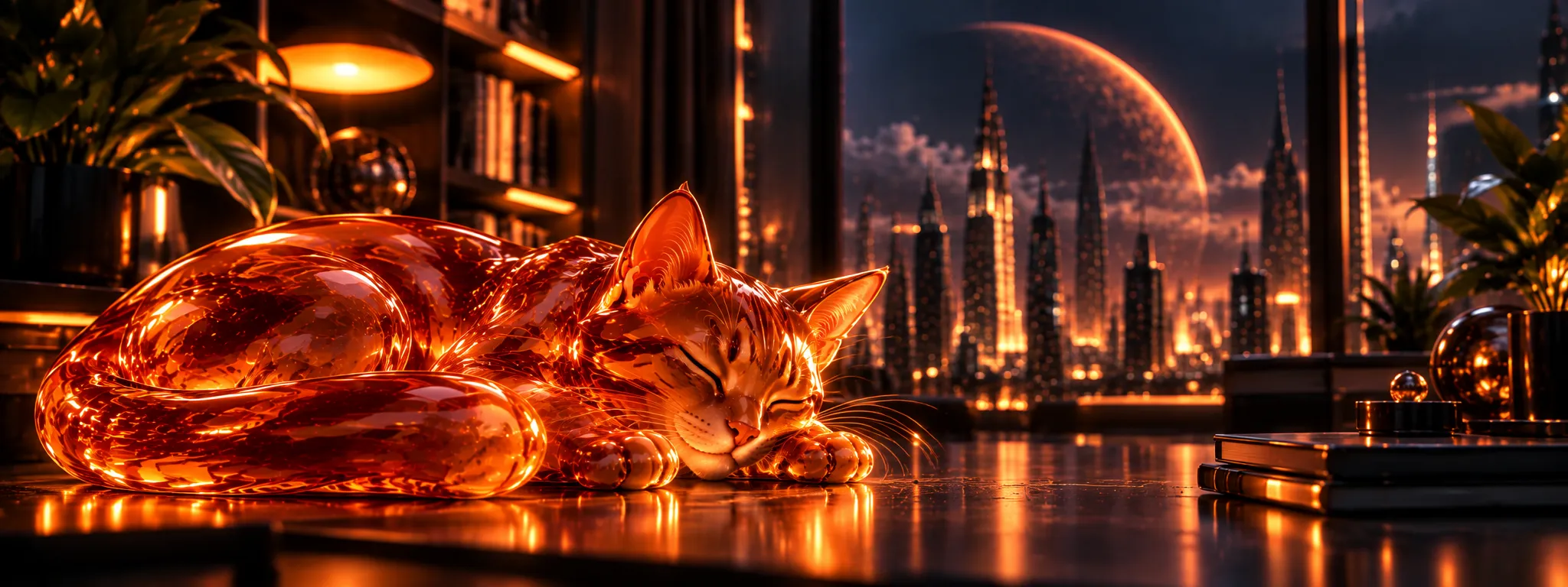 Caramel dorme encolhido sobre a mesa do estúdio, com estantes, livros e a cidade iluminada ao fundo.