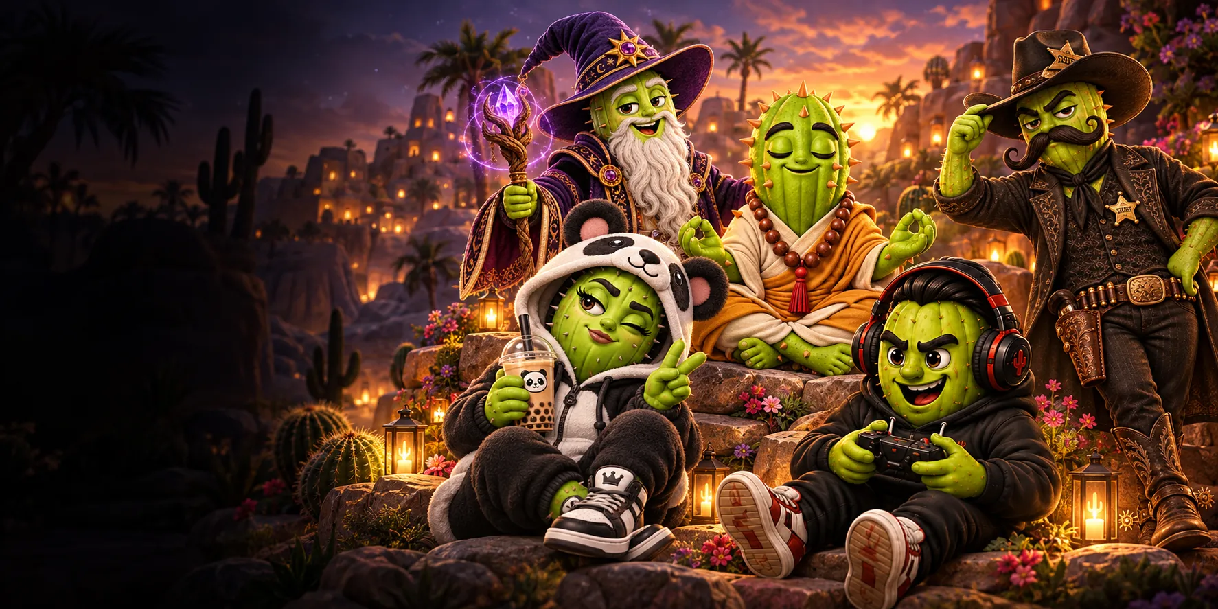 Gamer, Panda, Monge, Mago e Sheriff reunidos em um jardim de cactos iluminado por lanternas ao entardecer.