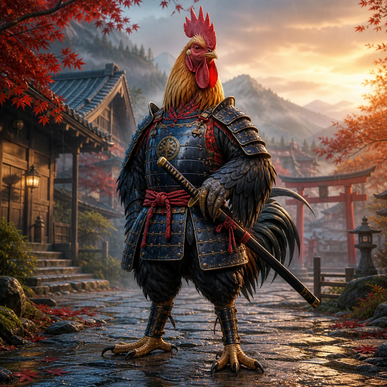 Galo com armadura samurai ao amanhecer, da coleção Crônicas Animais.