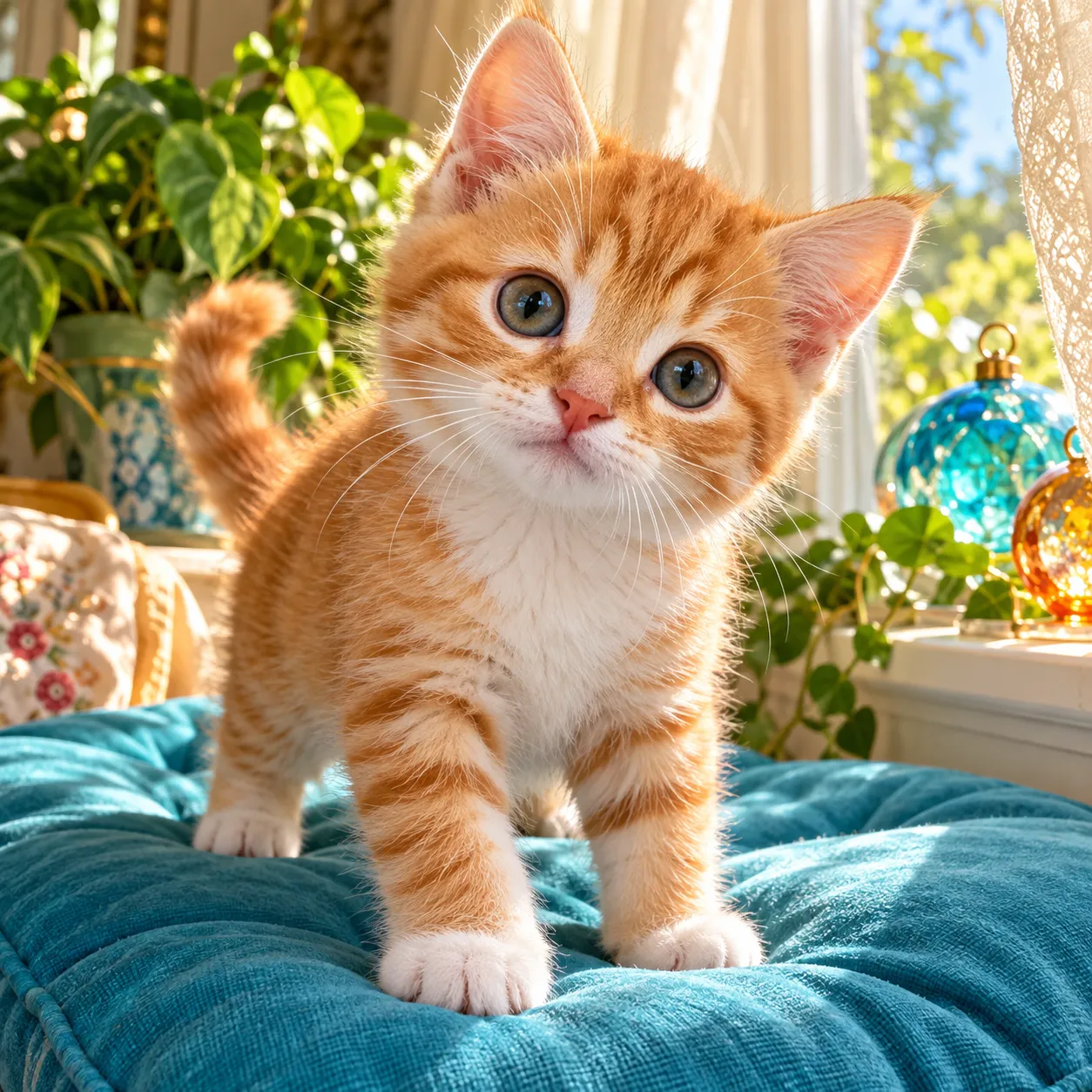 Gatinho laranja sobre uma almofada azul, da coleção Filhotes.