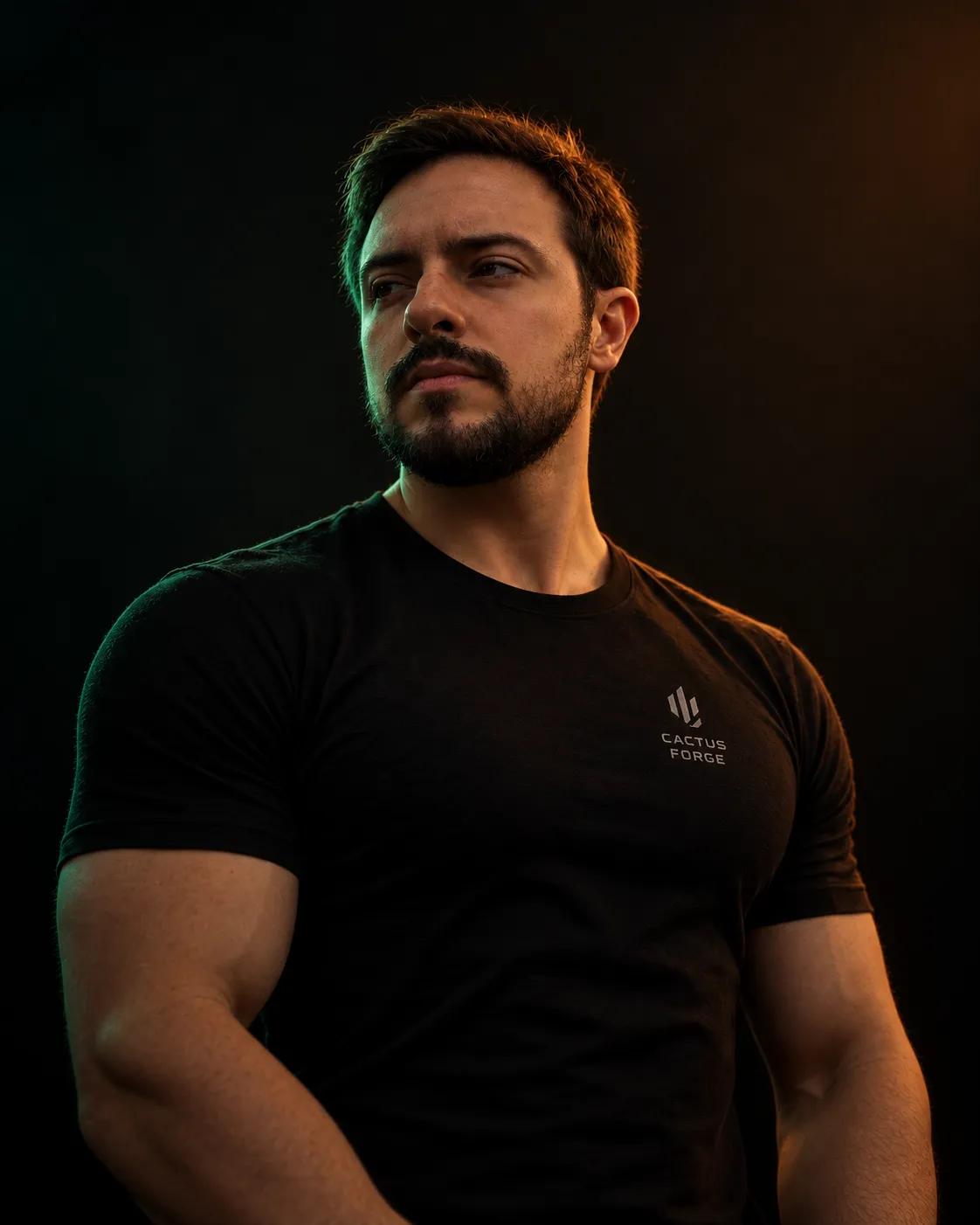 Retrato de Yuri Zanatta, fundador do Cactus Forge, com camiseta preta e fundo escuro.